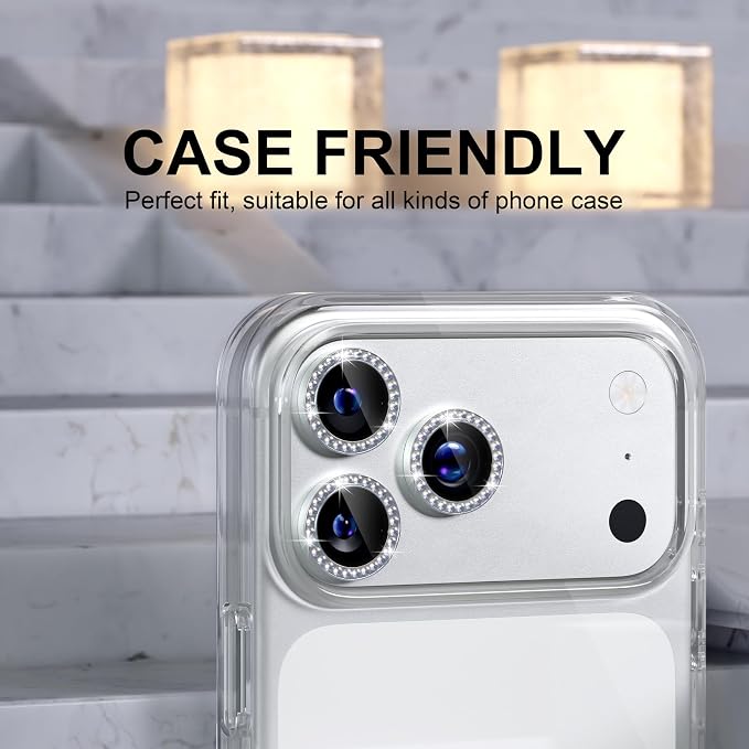 Choiche for iPhone 17 Pro/iPhone 17 Pro Max Camera Lens Protector | Ultra HD, Bling 9H Tempered Glass Camera Cover Screen Protector Metal Ring Decoration Accessories (Diamond-Silver) - Image 4
