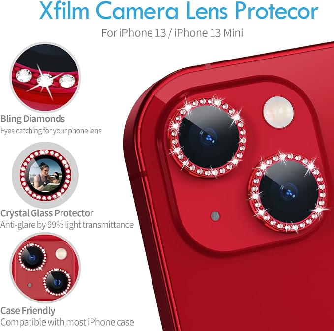 for iPhone 13/13 Mini Camera Lens Protector Bling Diamond, Red | Individual Metal, 9H Hardness, Scratch Resistant, Shockproof, Drop Protection, Case Friendly, Stylish Accessories - Image 5