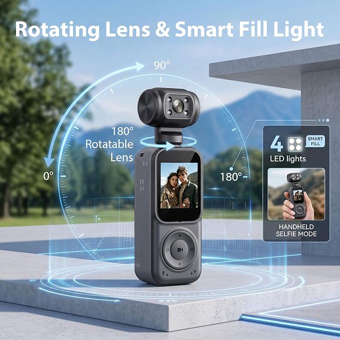 2K Handheld Vlogging Camera, Portable Pocket POV Camcorder Body Cam | 2k HD Recording, 180° Rotatable Lens, Eis Stabilization, Wifi Connection, Four Fill Light, 8 Hour Battery Life for Vlogging - Image 4
