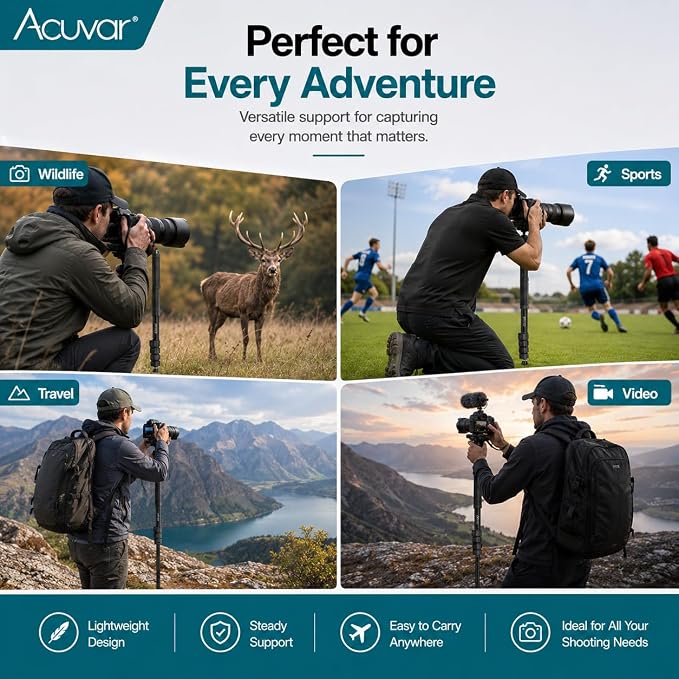 Acuvar 62 Inch Photography Monopod with Safety Strap – Lightweight Aluminum Camera Monopod for Travel & Outdoor Shooting - Image 5