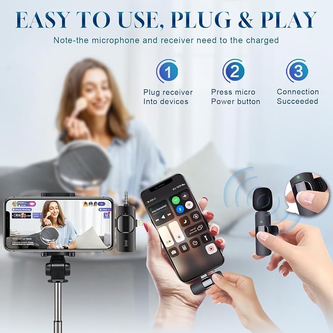 3 in 1 Wireless Lavalier Microphone for iPhone, iPad, Android, Camera,12-Hour Battery, mini Noise Reduction Recording Mic 2.4G Ultra-Low Delay, Microphone for Vlog/ TikTok/YouTube Live Stream( 3 Mic) - Image 4