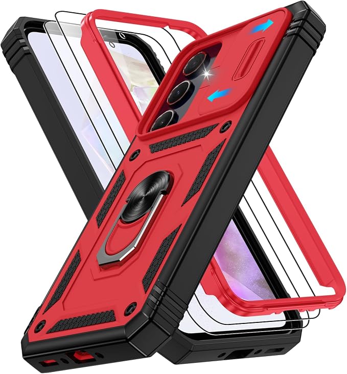 Gritup for Galaxy A35 5G Case Military-Grade Shockproof with Kickstand | with 2 PCS Screen Protector, Slide Camera Cover, Heavy Duty Outdoor Protection Funda para A 35 Phone Cover, Red+Black by Gritup