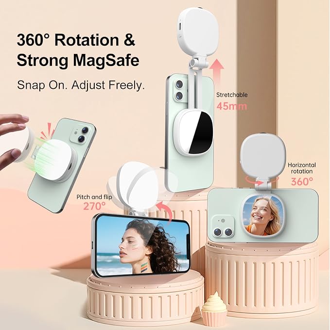 Selfie Light, 3-in-1 Magnetic Selfie for iPhone with Mirror, Foldable Portable Phone, Dual Color Temperature 360° Rotation Video Light for Makeup, Live Streaming, Vlogging - Image 9
