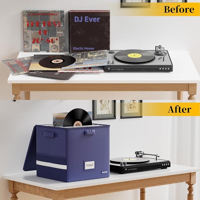 DocSafe Vinyl Record Storage Box with Lock,Fireproof Record Organizer Storage for 100+ Single Records(12-inch), Collapsible Storage Crate with Lid & Handles for Valuable Album Collection,Blue,2 Pack - Image 6
