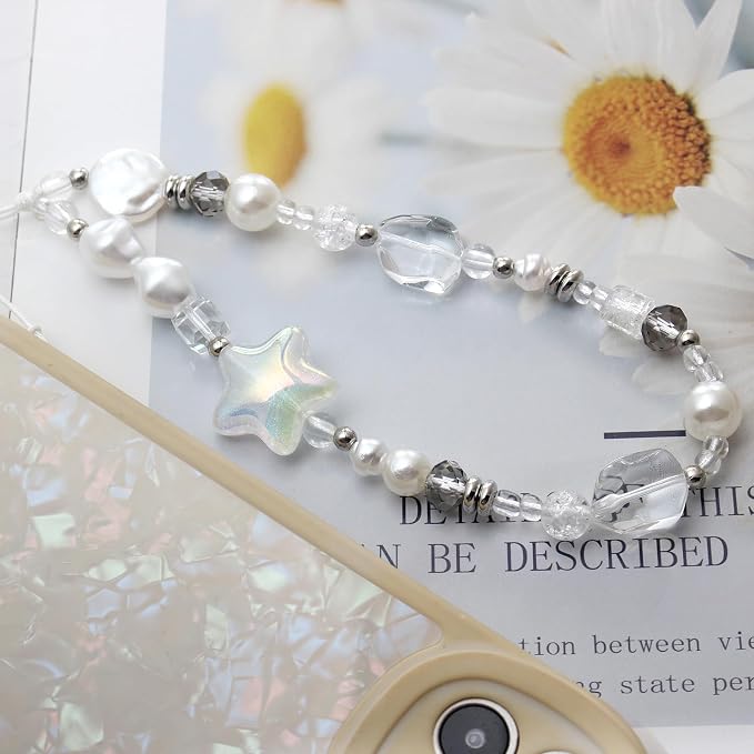 Beaded Camera Wrist Strap,Cute Phone Charm Decor,Pearl Bracelet Wrist Strap | Phone Keychain Decoration for Wallet,Durable Nylon Rope Lanyard,Compatible with all Phone Case,Silver Star - Image 3