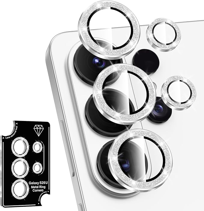 for Samsung Galaxy S26 Ultra Camera Lens Protector, Individual Metal Ring Tempered Glass Lens Cover, [Strong Adsorption] Scratch Resistant Ultra-Thin HD Clear Lens Cover,1 Set-Silvery Sparkly by Btscase