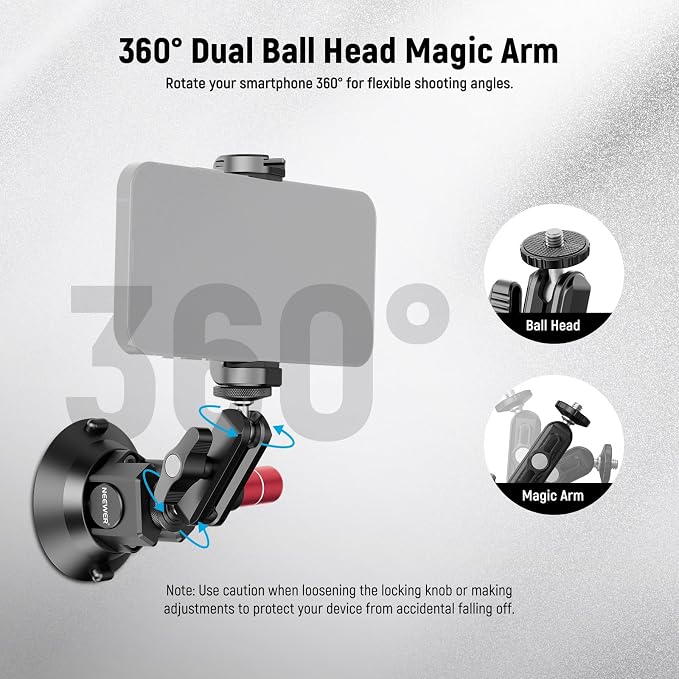 NEEWER 3" Suction Cup Camera Mount Bracket with Ball Head Magic Arm, CA104 | 1/4" ARRI Holes, Quick Release Car Mount, Phone Holder, Action Camera Adapter, Compatible with iPhone DJI Insta360 - Image 5