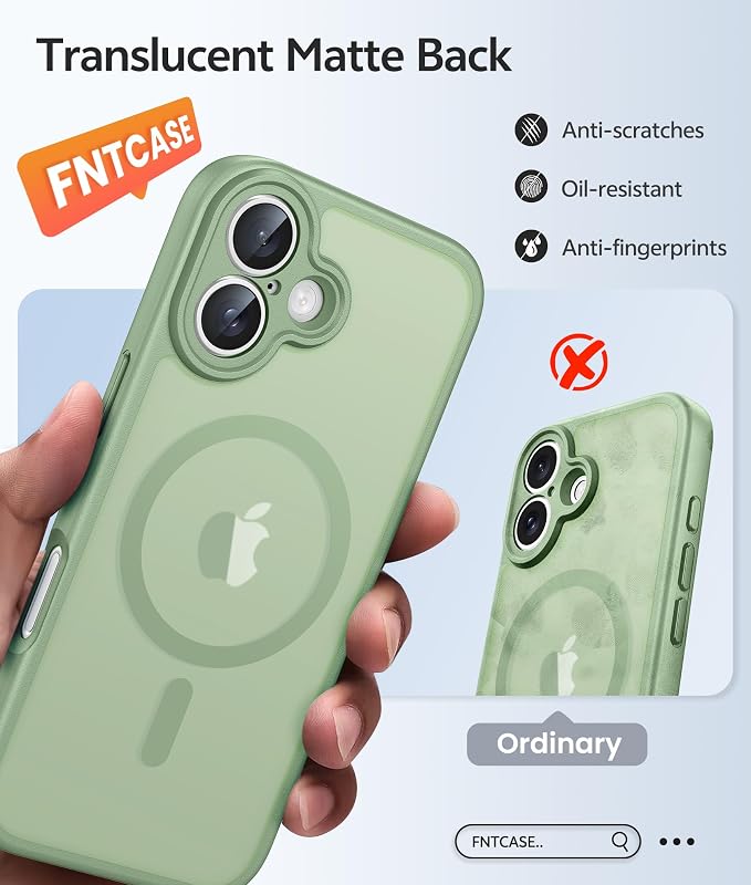 FNTCASE for iPhone 16 Case, Fit for Magsafe, Screen Protector, Light Moss | Full Camera Protection, Translucent Matte, 14FT Military Grade Drop Proof, Shockproof Protective Phone Cover - Image 6