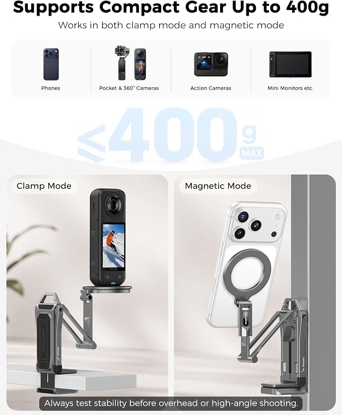 OMOTON TP02-Ultra Multi-Device Camera & Phone Mount with 1/4" Adapter, Grey | Built-In 1/4" & Arca Base, Clamp, Magnetic & Tripod Setups for iPhone, Pocket/Action Cameras, Overhead & Low-Angle Filming - Image 7
