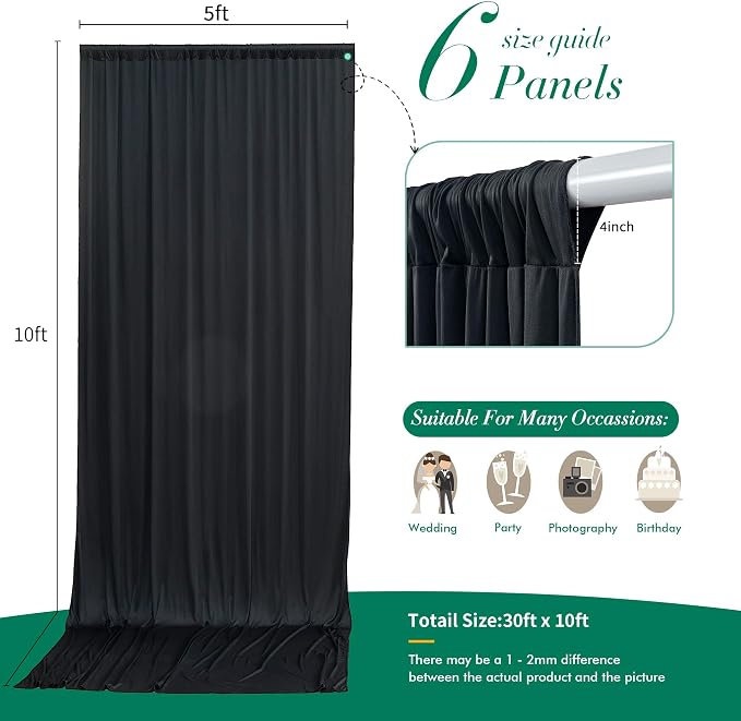 30 ft x 10 ft Wrinkle Free Black Backdrop Curtain for Parties, 6 Panels 10ft Polyester Black Photo Backdrop Drapes for Graduation Birthday Wedding Party Stage Curtains, Thick Bulk Background Curtains - Image 5