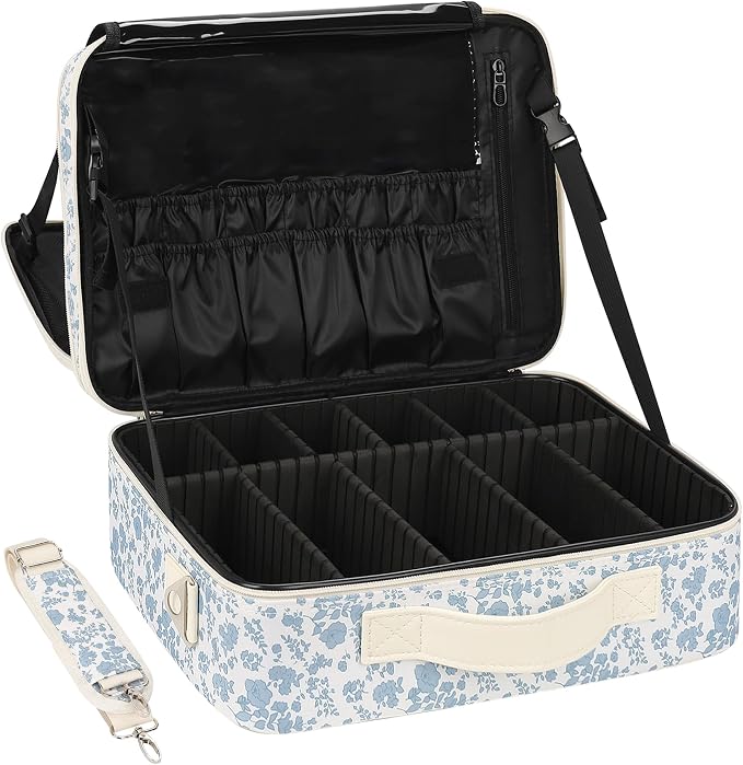 Relavel Large Makeup Bag, Floral Cosmetic Bag for Women, Professional Travel Train Case Portable Makeup Artist Bag Make Up Storage Organizer Box with Adjustable Dividers and Makeup Brush Compartment by Relavel