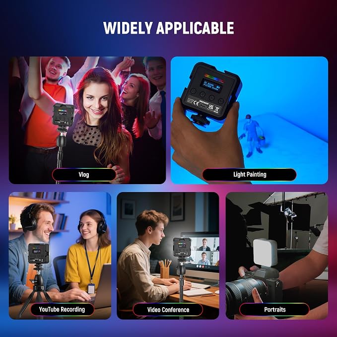 NEEWER Magnetic RGB Camera Light, 360° Full Color RGB61 Small LED Panel Video Light with 3 Cold Shoe Mounts/CRI 97+/20 Scene Modes/2500K-8500K/2000mAh Portable Recording Photography Selfie Lighting - Image 8