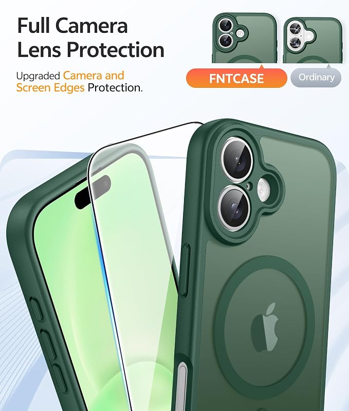 FNTCASE for iPhone 16 Case, Fit for Magsafe, Screen Protector, Green | Full Camera Protection, Translucent Matte, 14FT Military Grade Drop Proof, Shockproof Protective Phone Cover - Image 4