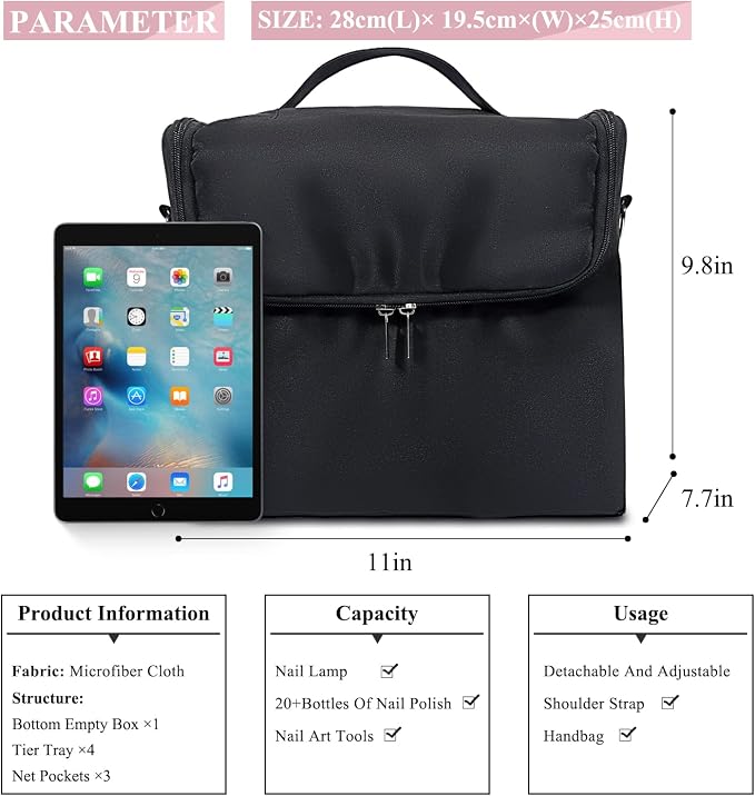 Large Makeup Carrying Train Case for Women, 4 Tier Travel Bag Box, Black | Nail Organizer Case-Adjustable Dividers, Waterproof, Detachable Shoulder Strap, Portable, Multipurpose Storage for Nail Tools - Image 6