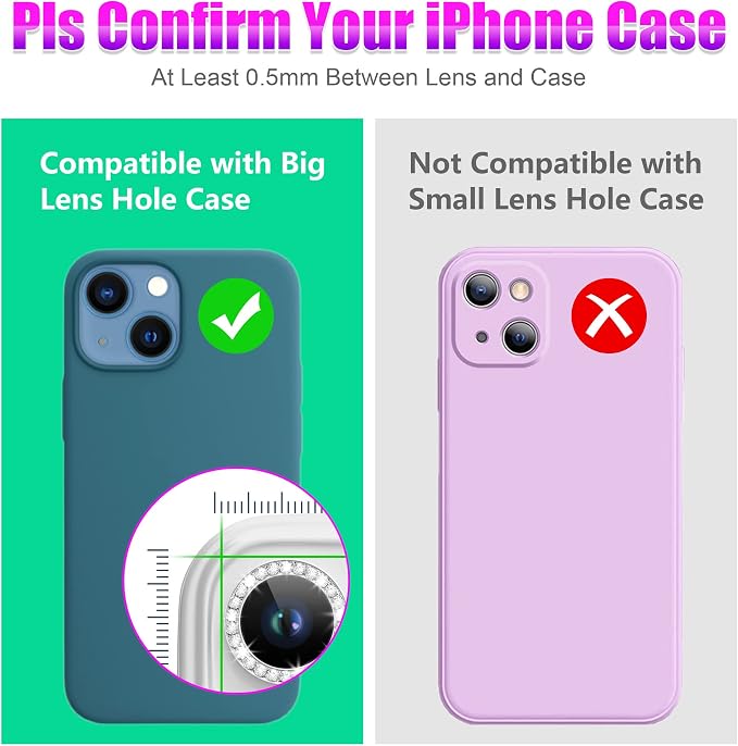 AGVEE 3+3 6 Pack for iPhone 13 & Mini Camera Lens Protector Cover | Individual Bling Diamond & Bling Glitter Sparkle Cute Gem Metal Ring, 9H Tempered HD Glass - Image 3