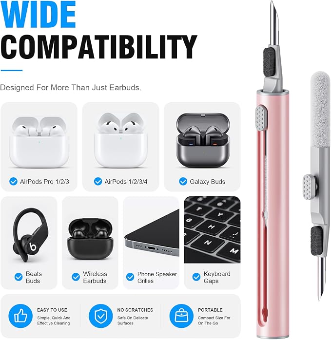 Hyashee Cleaner Kit for Airpods Pro 1 2 3 Multi-Function Cleaning Pen with Soft Brush Flocking Sponge for Bluetooth Earphones Case Cleaning Tools (Pink) - Image 6