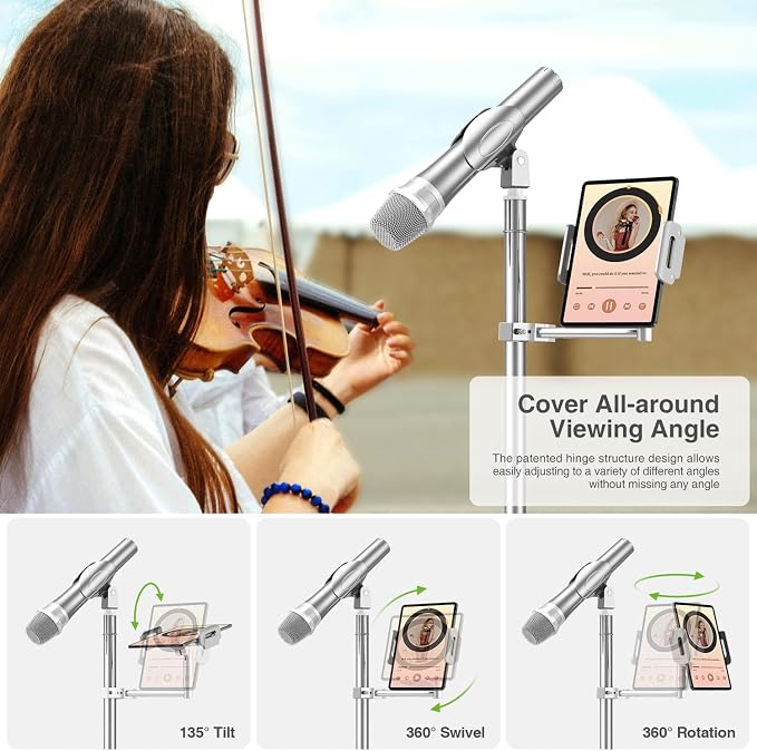 elitehood iPad Holder for Mic Stand, Aluminum Side Mount iPad Music Stand | 360° Swivel Tilt Adjustable Tablet Holder for Microphone Stand, Heavy Duty iPad Clip Attachment for 4.7-13in Tablets, Silver - Image 4