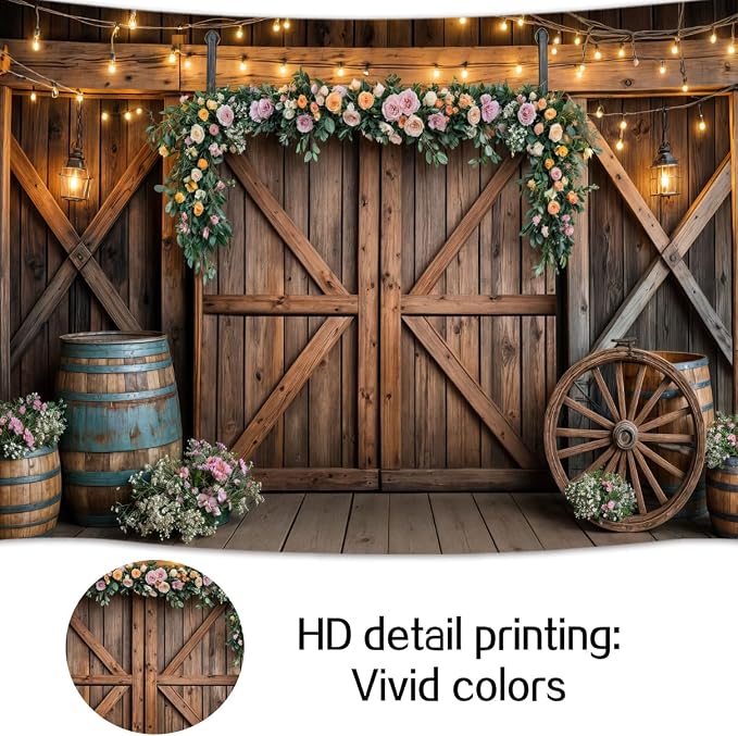 12x10ft Country Wedding Photography Backdrop Rustic Barn Door Photography Backdrop Farmhouse Pink Flower Cabin Wooden Birthday Baby Shower Wedding Bridal Party Banner Photo Booth Props Background - Image 6