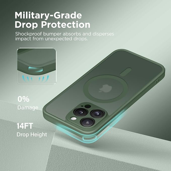 CAPRARO for iPhone 14 Pro Case, Compatible with MagSafe | Upgraded [Full Camera Protection] Shockproof Protective Slim Translucent Matte Magnetic Phone Case 6.1'', Deep Green - Image 5