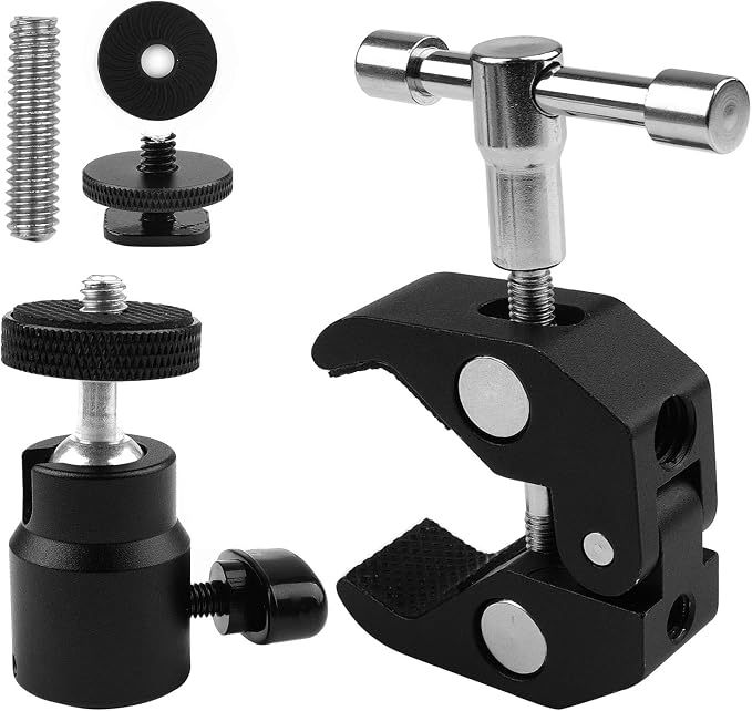 ChromLives Camera Clamp Mount Ball Head Monitor Clamp Super Clamp and Mini Ball Head Hot Shoe Mount with 1/4''-20 Tripod Screw for LCD/DV Monitor, LED Lights, Flash, Microphone and More 2Pack - Image 6