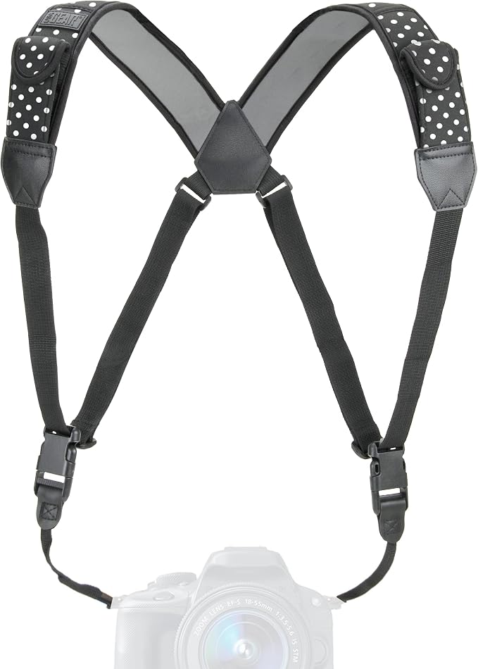 USA Gear DSLR Camera Strap Chest Harness with Quick Release Buckles, Polka Dot Neoprene Pattern and Accessory Pockets - Compatible with Canon, Nikon, Sony Point and Shoot and Mirrorless Cameras by USAGEAR