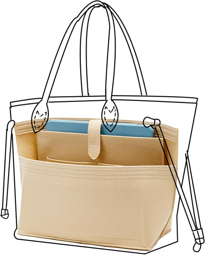 Doxo Purse Organizer Insert for Handbags, Felt Neverfull MM Organizer Insert with Laptop Compartment, Tote Bag Organizer with Zipper Pocket and Bottle Holder, Fit Neverfull MM and More, Beige-L - Image 5