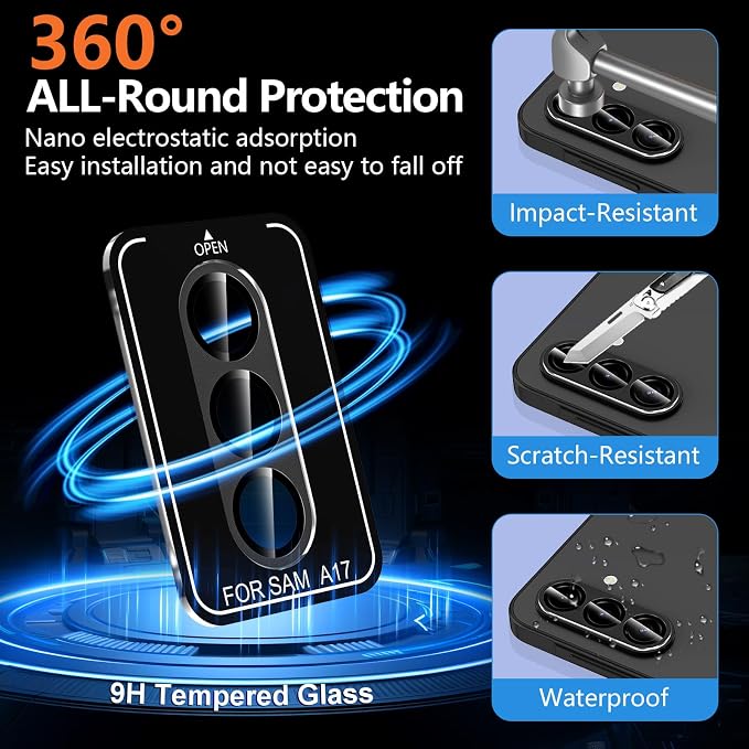 for Samsung Galaxy A17 Camera Lens Protector, Individual Metal Ring Tempered Glass Lens Cover, [Strong Adsorption] Scratch Resistant Ultra-Thin HD Clear Lens Cover, 1 Set-Black - Image 2