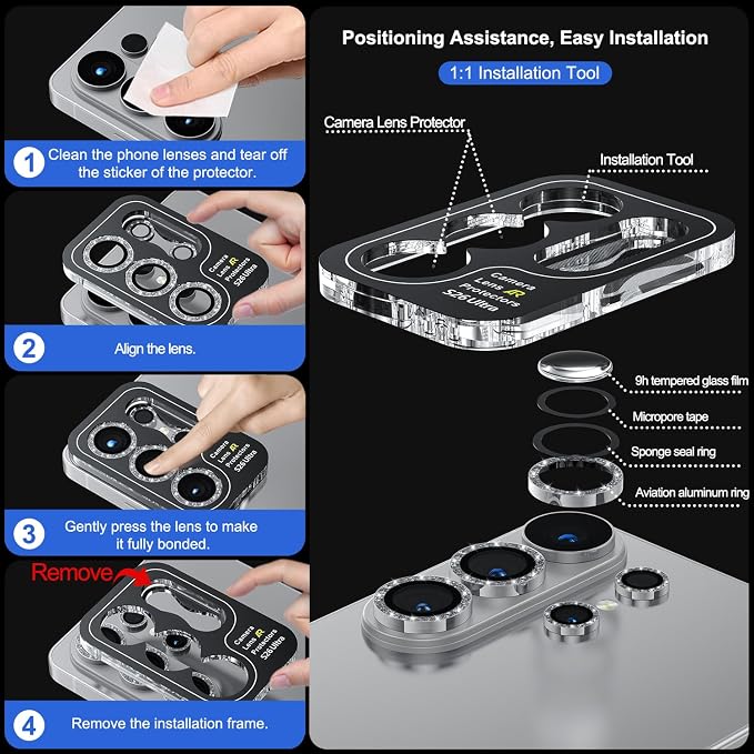 WSKEN for Samsung Galaxy S26 Ultra Camera Lens Protector - Ultra Thin | Case Friendly, 9H Shatterproof Tempered Glass, Anti Scratch Metal Circle, Camera Screen Protector Cover Accessories, Glitter - Image 6