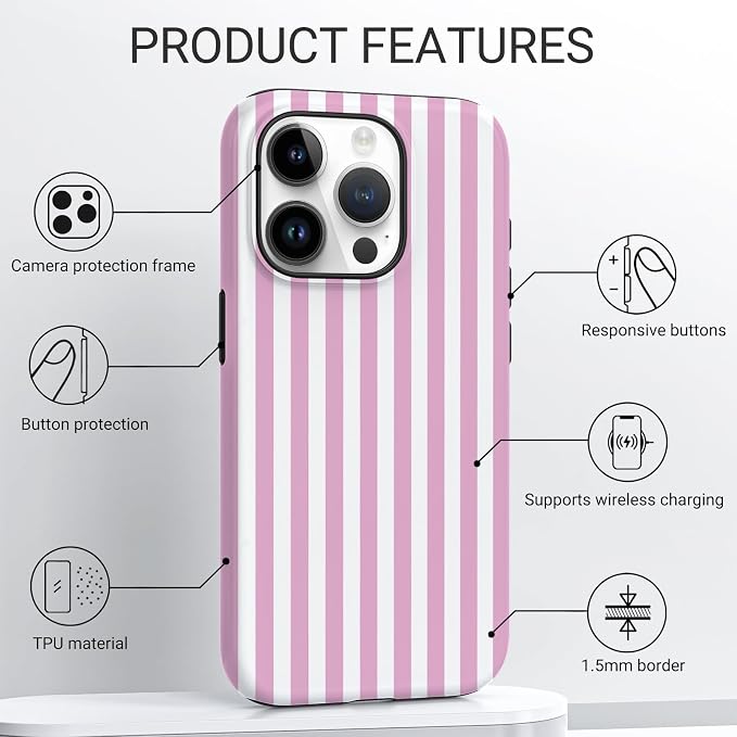 TPU Phone Case for iPhone 15 Pro, MagSafe Wireless Charging Compatible, Shockproof Slim Fit Protective Cover with Anti-Yellowing & Raised Camera Protection (Pink Stripe, iPhone 15 Pro) - Image 4