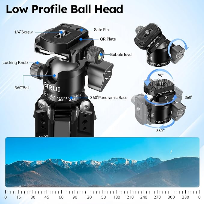 SIRUI AM-223S+G0 Carbon Fiber Mini Tripod Kit, G0 Ball Head, 16.7" | 33LB Load, 360° Panoramic Ball Head, 1.7LB Weight, DSLR, Mirrorless Camera, Desktop, Travel, Compact - Image 4