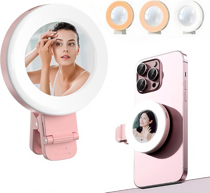 Phone Light, Clip-On Selfie Light with Mirror, Adjusted 3 Lighting Modes, Portable Ring Light for Makeup, Selfie, Video Conference, TikTok, Vlog (Pink) by MZQZM