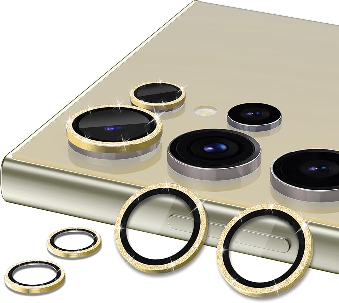 for Samsung Galaxy S24 Ultra Camera Lens Protector, Individual Metal Ring Tempered Glass Lens Cover, [Strong Adsorption] Scratch Resistant Ultra-Thin HD Clear Lens Cover, 2 Set-Gold Sparkly - Image 2