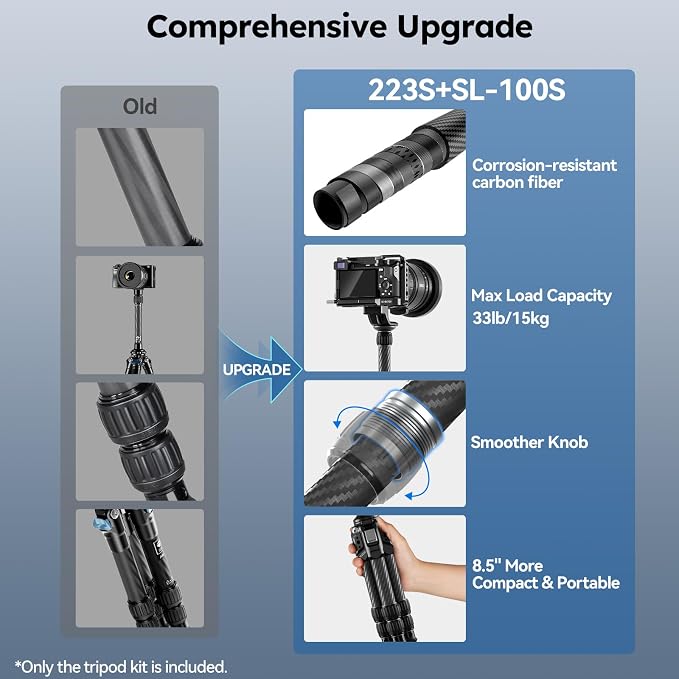 SIRUI AM-223S+SL-100S Carbon Fiber Mini Tripod, Extendable Center Column | 26" Height, 33LB Load, 1.7LB Weight, Anti-Corrosion, Desktop, Travel, DSLR, Mirrorless Camera - Image 7