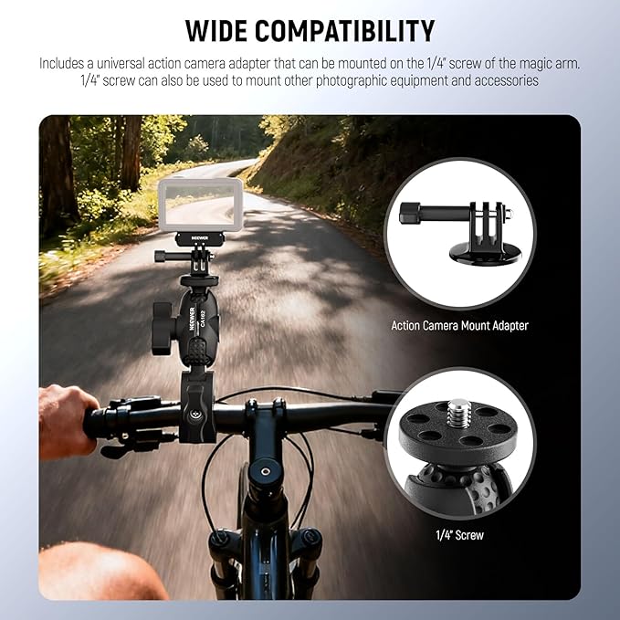 NEEWER Super Clamp Action Camera & Phone Mount with Dual Ball Heads, CA162 | Bike/Bicycle/Motorcycle Handlebar Holder, Compatible with iPhone Insta360 DJI Osmo Action GoPro Hero, for POV Video Recording - Image 2
