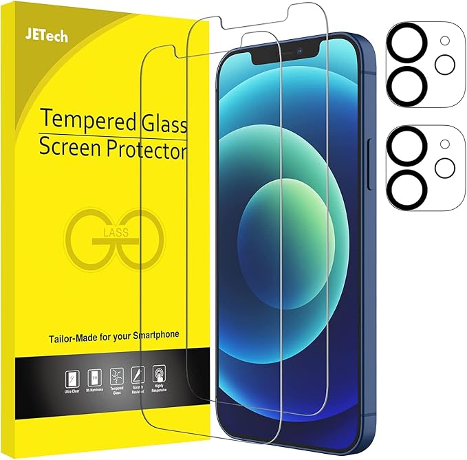 JETech Screen Protector for iPhone 12, with Camera Lens Protector, 2+2 Pack | HD Clear Tempered Glass, Face ID Compatible, Anti-Scratch Protection by JETech