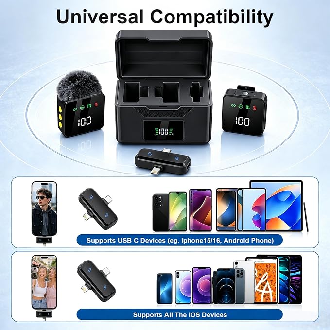 2 Mini Wireless Lavalier Microphones for iPhone & Android, Noise Cancelling, Plug & Play, 60H Battery with Charging Case, Portable Lapel Mic for Content Creators, Podcast, Streaming (Black) - Image 4