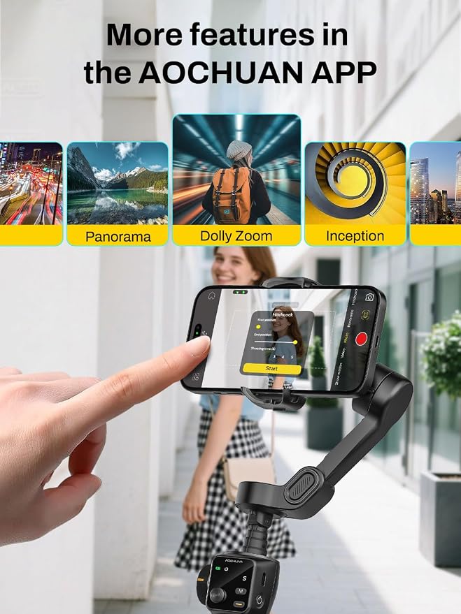 AOCHUAN 3-Axis Gimbal Stabilizer for iPhone, Smartphone Gimbal w/7.8" Extension Rod, OLED Display, Phone Stabilizer w/Face Tracking, Gesture Control, Video Record for iPhone & Android - Smart V8 Black - Image 5