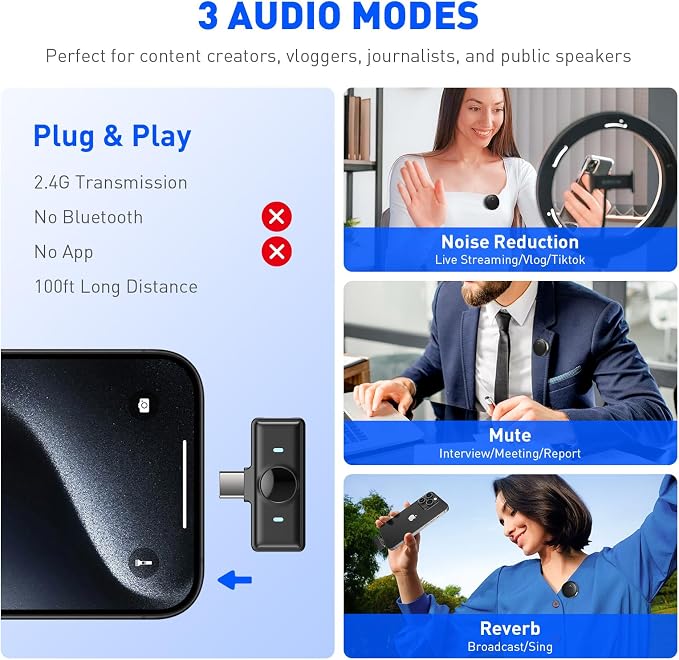2 Pcs Wireless Lavalier Microphone for iPhone 17 16 to 7/Androids/PC/Camera | 30H Charging Case, 2.4G, 48kHz/24bit, DSP Noise Reduction, Mute, Clip-on Mini Mics for Live Streaming/Vlogging/TikTok/YouTube - Image 2
