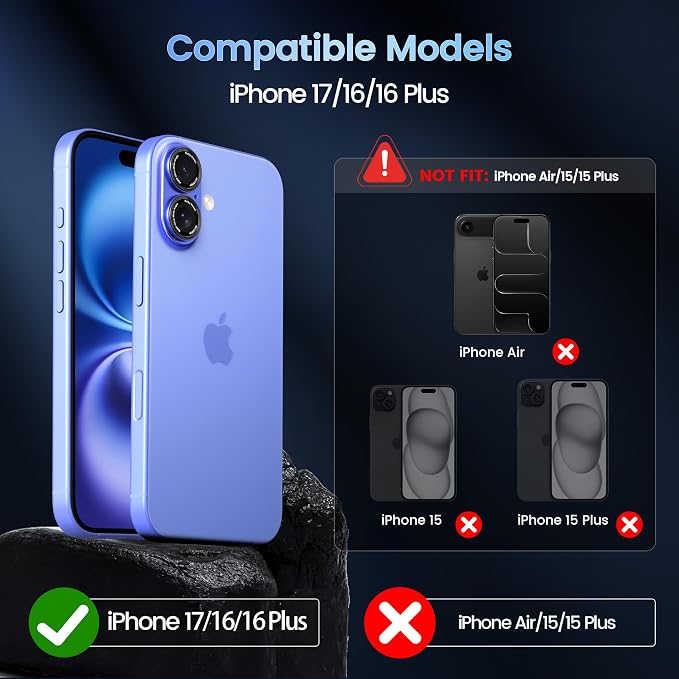 CACOE Metal Camera Lens Protector for iPhone 16/16 Plus/17 Cover | Tempered Glass Cover, Anti-Scratch, Drop-Proof, Strong Adhesion, Camera Screen Cover Accessories, Cyan - Image 8