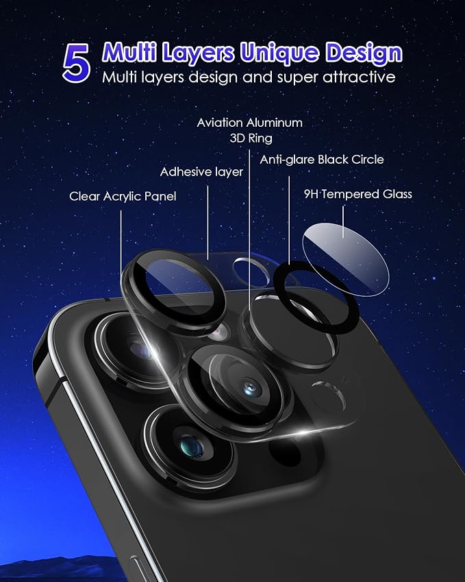 Compatible for iPhone 15 Pro/iPhone 15 Pro Max Camera Lens Protector, Clear Acrylic Plus Aluminium Alloy Ring 9H Tempered Glass Screen Camera Cover, Black+Black - Image 4