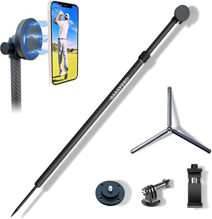 Carbon Fiber Tripod and Monopod Golf Swing Recorder - Ultra Lightweight with MagSafe Magnetic Holder - Adjustable 32-55" Height - Training Aid for iPhone Android (Add Tripod) by GreatYYT
