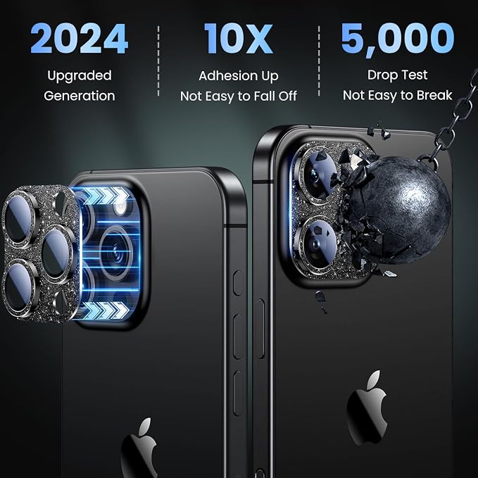 Uyiton for iPhone 16 Pro/iPhone 16 Pro Max Camera Lens Protector | Not Easy to Break, Strong Adsorption, Case-Friendly, Metal 9H Sapphire Glass Rear Camera Screen Cover, Glitter Black - Image 3