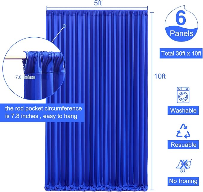 6 Panels Royal Blue Backdrop Curtain for Parties Wrinkle Free Blue Photo Curtains Backdrop Drapes Fabric Decoration for Wedding Birthday Party Baby Shower 30ft(W) x 10ft(H) - Image 5