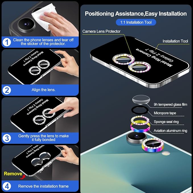 for Samsung Galaxy Z Flip 7 Camera Lens Protector, Individual Metal Ring Tempered Glass Lens Cover, [Strong Adsorption] Scratch Resistant Ultra-Thin HD Clear Lens Cover, 1 Set-Colorful Diamond - Image 6