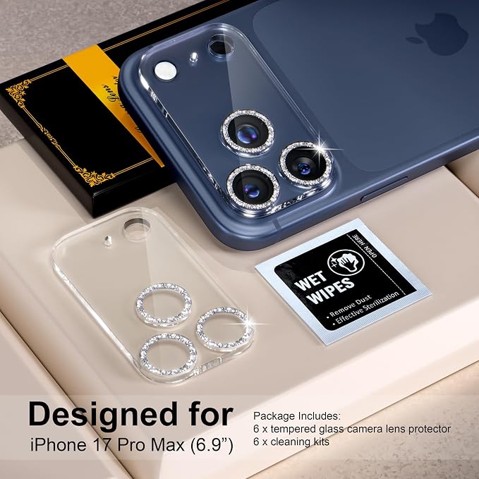 for 6 Pack iPhone 17 Pro Max Camera Lens Protectors, Glitter Silver | [Drop Protection] [Case Friendly] [Easy Installation] 9H Tempered Glass Camera Screen Protector Cover Accessories 6.9-inch - Image 2