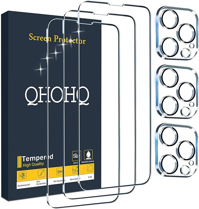 QHOHQ 3 Pack Screen Protector for iPhone 13 Pro Max 6.7" with 3 Pack Tempered Glass Camera Lens Protector, Ultra HD, 9H Hardness, Scratch Resistant, Easy Install - Case Friendly by QHOHQ