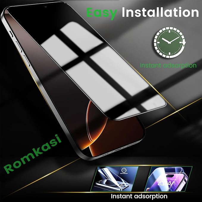 Romkasi 4 Pack Privacy Screen Protector for iPhone 16 Pro Max 6.9 Inch with 4 Pack Camera Lens Protector, Anti Spy Tempered Glass Film, Anti-Scratch, Touch Sensitive, Case Friendly - Image 6