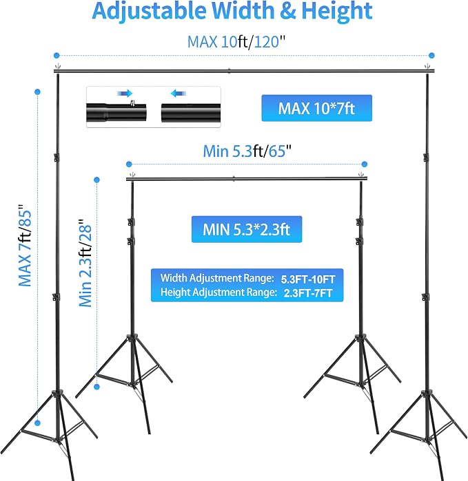 Adjustable Photography Backdrop Stand Kit 10x7ft(W*H)– Photo Studio Background Support with 4 Crossbars, 4 Clamps, 2 Sandbags (with 10 * 7 Feet White Backdrop Curtain) - Image 2