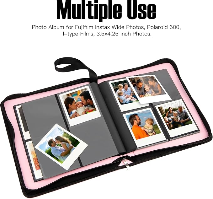 Veicevol 256-Pocket Album for Polaroid i-Type, 600 & SX-70 Photos, Pink | Designed for Fujifilm Instax Wide Photos, Water-Resistant PU Leather Cover, Zipper Closure, Securely Holds Up to 256 Photos - Image 2