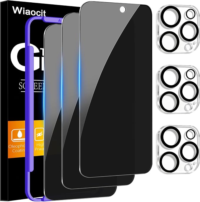 Wiaocit Tempered Glass Privacy Screen Protector for iPhone 15 Pro | 3+3 Pack, 9H Hardness, Camera Lens Protector, Installation Frame, Bubble Free, Case Friendly by Wiaocit